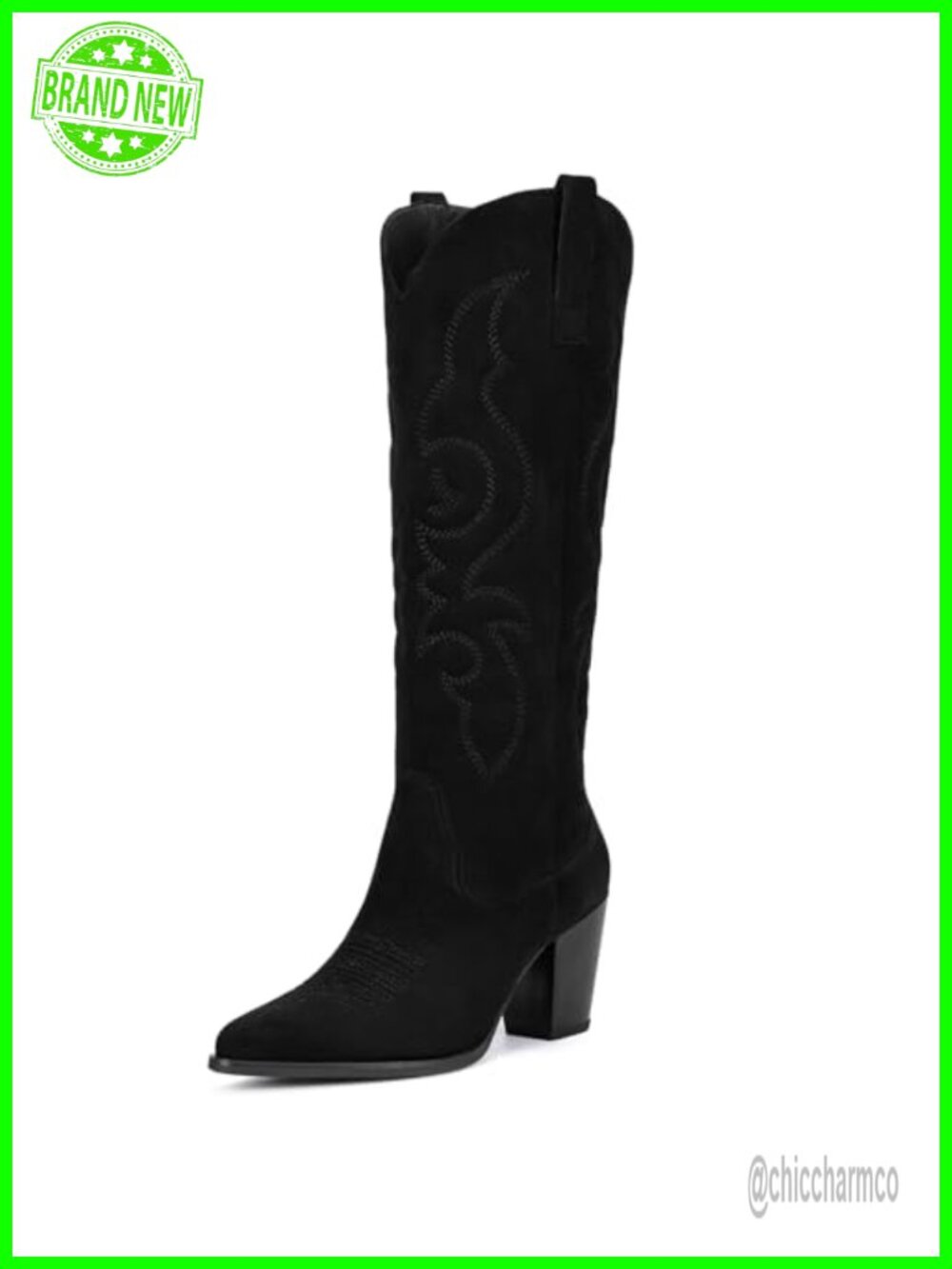 Faux Suede Cowboy Boots Knee High Western Pointed Toe Block Heel